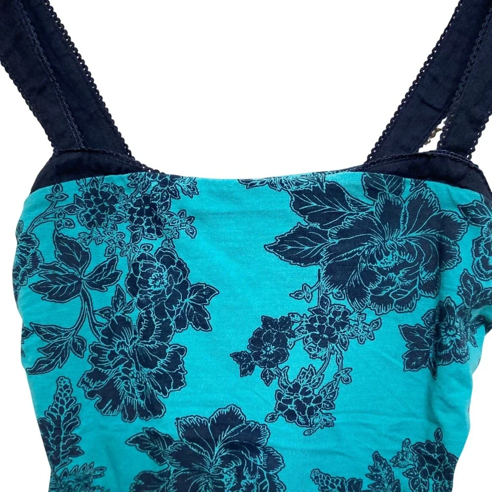 Free People Teal Navy Blue Floral Print Camisole Square Neck Lace Trim Tank Top